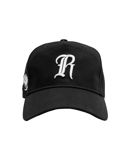 RC Embroidered Structured Strapback Cap in Shadow Black front view