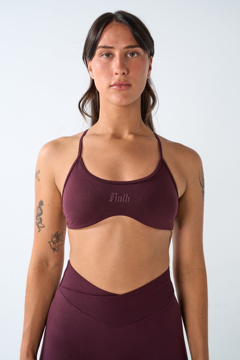 Rath Crew Axis Cross-Back Seamless Sports Bra in Obsidian Plum
